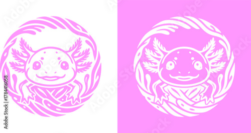 Round Pink Axolotl Illustration with Leafy Border