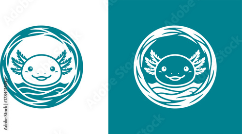 Logo A charming vector logo featuring a cute smiling axolotl. This adorable aquatic amphibian character is framed in a circular water wave design, perfect for a mascot