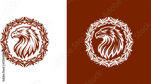 Logo Majestic eagle head emblem with intricate circular decorative border, showcasing strength and heritage