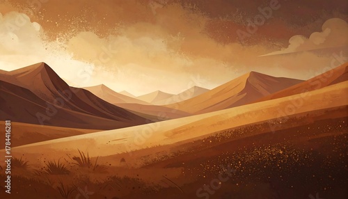 Fototapeta Naklejka Na Ścianę i Meble -  A stylized illustration presents a vast desert landscape dominated by rolling sand dunes and distant mountains under an ochre sky