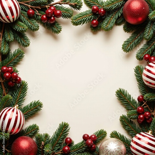 Christmas frame evergreen branches decorations square background top fresh new