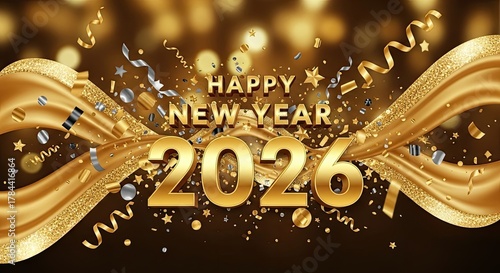 Golden New Year 2026 Celebration With Confetti and Sparkling Ribbons Background