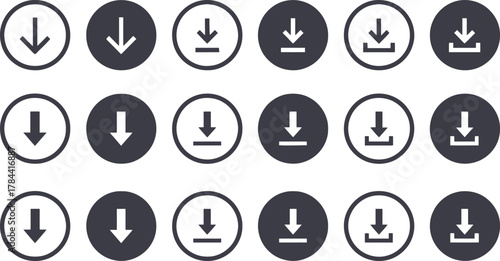 Collection of download icons with arrows pointing downward in oval shapes isolated on transparent background