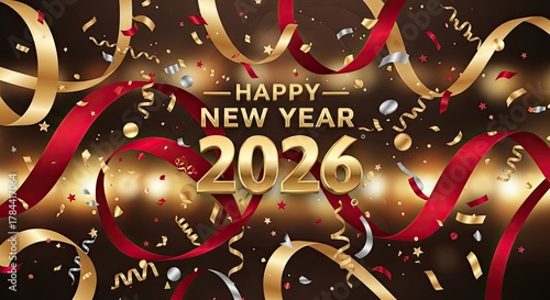 Golden and Red New Year Celebrations 2026 Background With Confetti and Ribbons