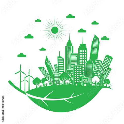 Green city concept with leaf and wind turbines vector illustration