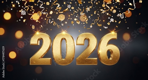 Happy New Year 2026 Celebration With Golden Confetti and Streamers Background