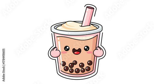 Adorable cartoon bubble tea character with a sweet smile, perfect for food and drink illustrations, featuring a playful design for a fun beverage concept
