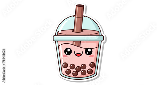 Charming kawaii style vector illustration depicting a cheerful pink beverage with tapioca pearls and a straw, an endearing graphic for sweet drink-themed designs