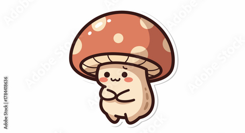 Sweet and adorable shy mushroom character illustration, a charming cartoon fungi with a gentle blush, perfect for playful stickers, emblems, or nature-themed graphic designs