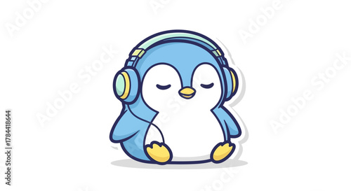 Adorable cartoon penguin character wearing colorful headphones, peacefully enjoying tranquil music, rendered in a charming and smooth illustrated style perfect for relaxation