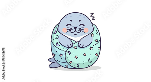 Charming illustration of a happy baby seal enjoying a peaceful nap, swaddled in a soft patterned blanket, ideal for heartwarming and gentle animal-themed visuals