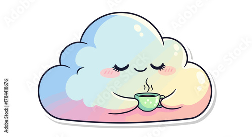 Adorable pastel cloud character peacefully enjoying a warm cup of coffee, embodying comfort and a serene morning mood, perfect for cute digital designs and cozy illustrations