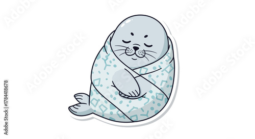 Peaceful cartoon baby seal icon illustration, comfortably swaddled in a cozy blue blanket, ideal for design projects requiring a cute animal element