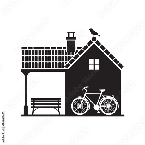Silhouette of a house with a bicycle, bench, and bird on roof