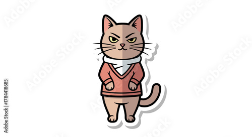 Grumpy cartoon cat sticker in pink sweater and white scarf. Expressive feline illustration with displeased face, ideal for quirky design and playful elements