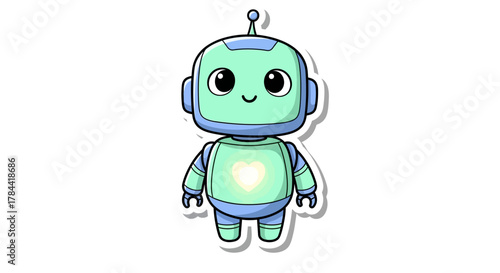 Adorable futuristic robot character vector illustration featuring a gentle glowing heart, rendered with a clean sticker-like effect, suitable for modern technology and playful design projects