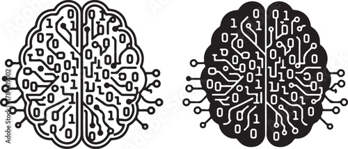 Conceptual illustration of an ai brain, merging human anatomy with digital circuits and binary code, depicting machine intelligence and progress. isolated on white background, Vector, illustration