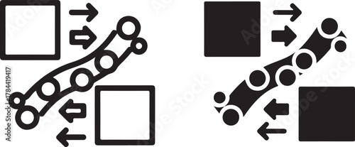 Abstract icon depicting a conceptual data transfer or process flow between two square entities connected by a dynamic segmented path with arrows. isolated on white background, Vector, illustration