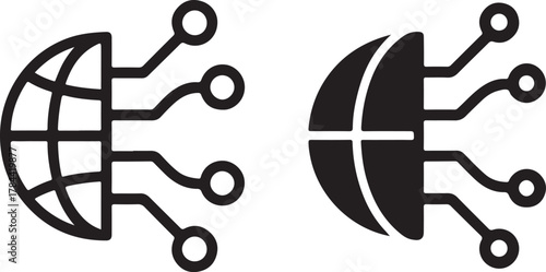 Global digital network communication symbol illustrating worldwide internet connectivity and data exchange technology icon set. isolated on white background, Vector, illustration