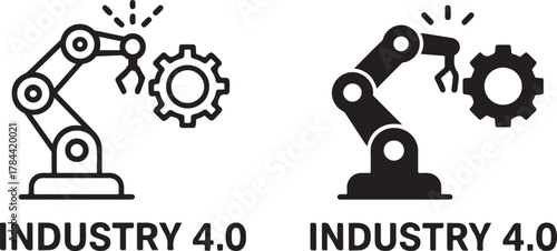 Industrial robotic arm with gear icon representing automation and smart manufacturing, symbolizing the evolution of industry 4.0 technology isolated on white background, Vector, illustration