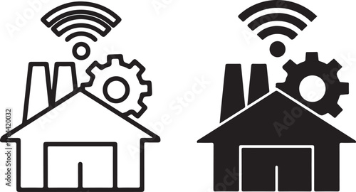 Smart factory and industrial iot concept icon showing connected manufacturing processes with automation, gear, and wireless network symbol isolated on white background, Vector, illustration