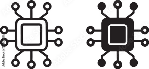 Abstract digital processor chip and microchip icon set illustration, showcasing computing power, data processing, and electronic circuit technology. isolated on white background, Vector, illustration