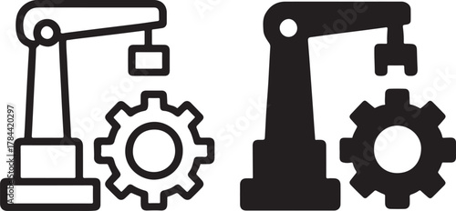 Robotic arm icon and gear icon illustrating industrial automation, manufacturing processes, and mechanical engineering in modern production isolated on white background, Vector, illustration