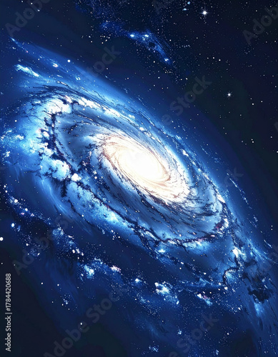 Vibrant spiral galaxy in deep space with bright celestial bodies.