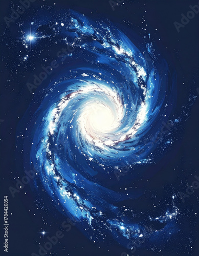 Vibrant spiral galaxy against a deep blue cosmic backdrop, filled with stars.