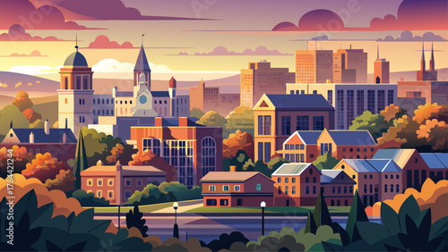 Very beautiful dawn skyline of Ann Arbor, Michigan, USA, featuring soft early-morning light over the college town, modern and historic buildings, tree-lined streets, and a realistic calm urban atmosph