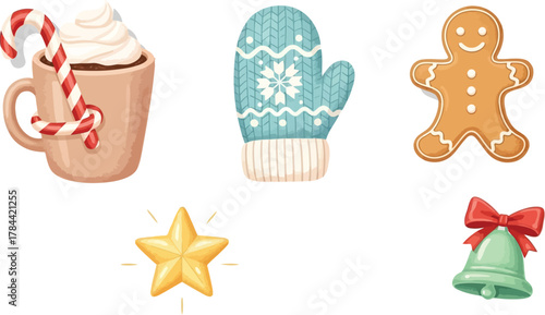 Festive christmas clip art set featuring gingerbread man, hot chocolate, mitten, star and bell with bow