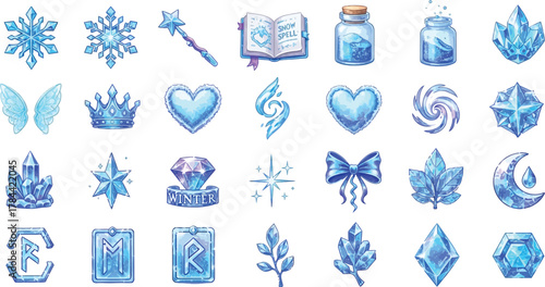 Collection of frozen design elements snowflake, magic wand, book, potion, wings, crown, heart, crystal, rune