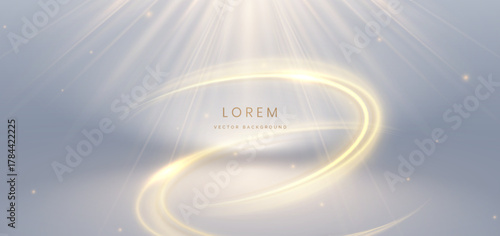 Gold ring overlapping with gold lighting effect sparkling on grey background. Luxury premium scene concept.