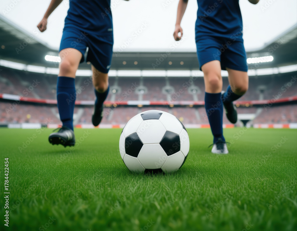 Fototapeta premium Close-up of a soccer ball on the grass with two players running towards it during a match in a professional stadium.