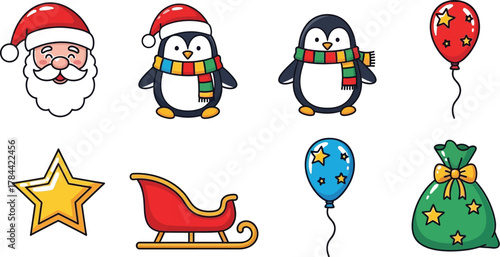 Collection of cute christmas cartoon characters and elements, including santa claus, penguin, star, and balloon