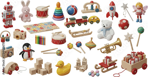 A charming collection of wooden toys, perfect for adding a touch of nostalgia to your designs and projects