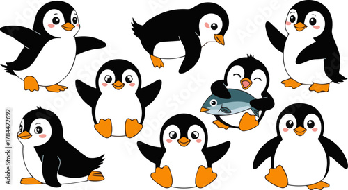 Create a kinds of deferent cute Penguin vector art with white background.