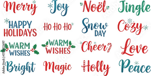 Collection of festive christmas and winter holiday themed words, perfect for adding a touch of seasonal cheer to designs