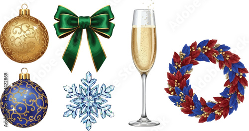Set of elegant christmas ornaments for festive decorations and holiday designs with a touch of luxury