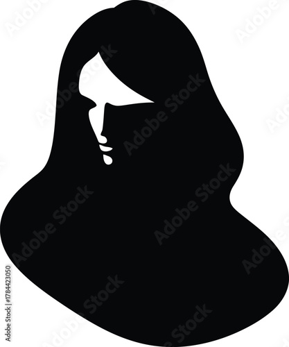 Monochrome vector illustration of a pensive woman's portrait, an elegant and mysterious silhouette with long hair