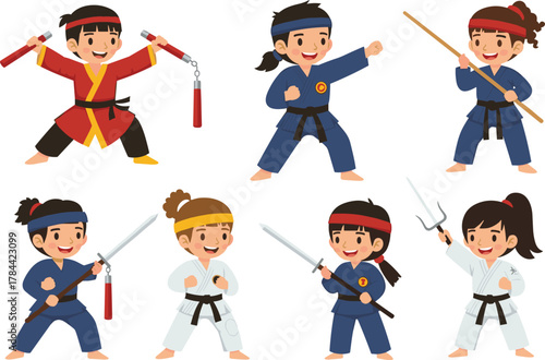 Cartoon children practicing martial arts with weapons, karate uniforms, diverse kids training, action poses, educational sports vector illustration design