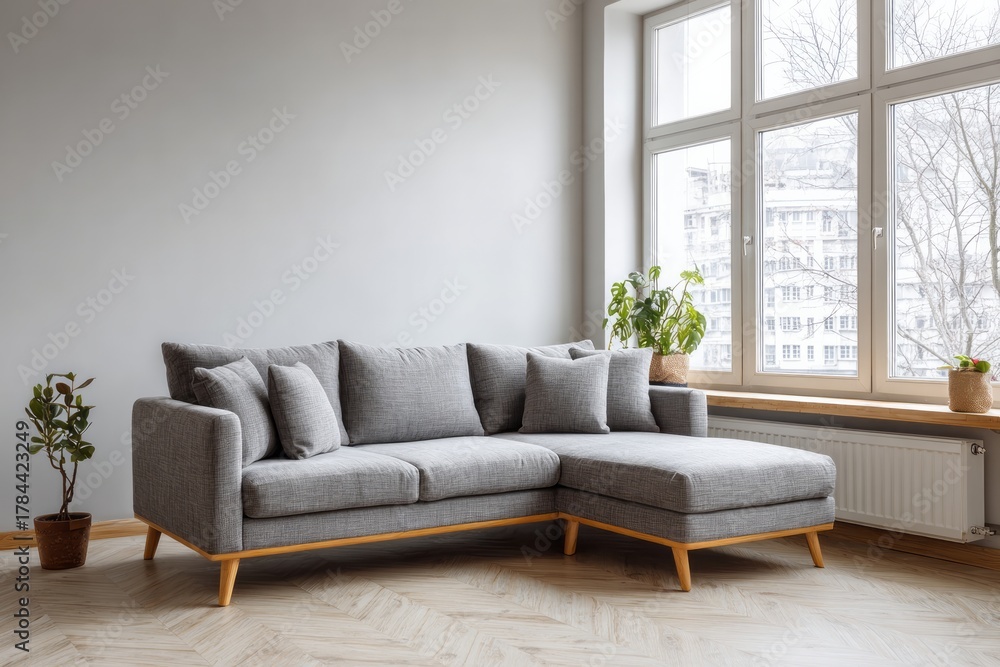 Fototapeta premium A modern sectional sofa with plants and a large window in a bright room.