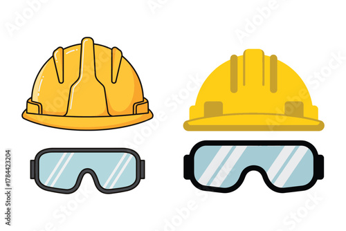 Construction safety gear equipment including hard hats and protective eyewear