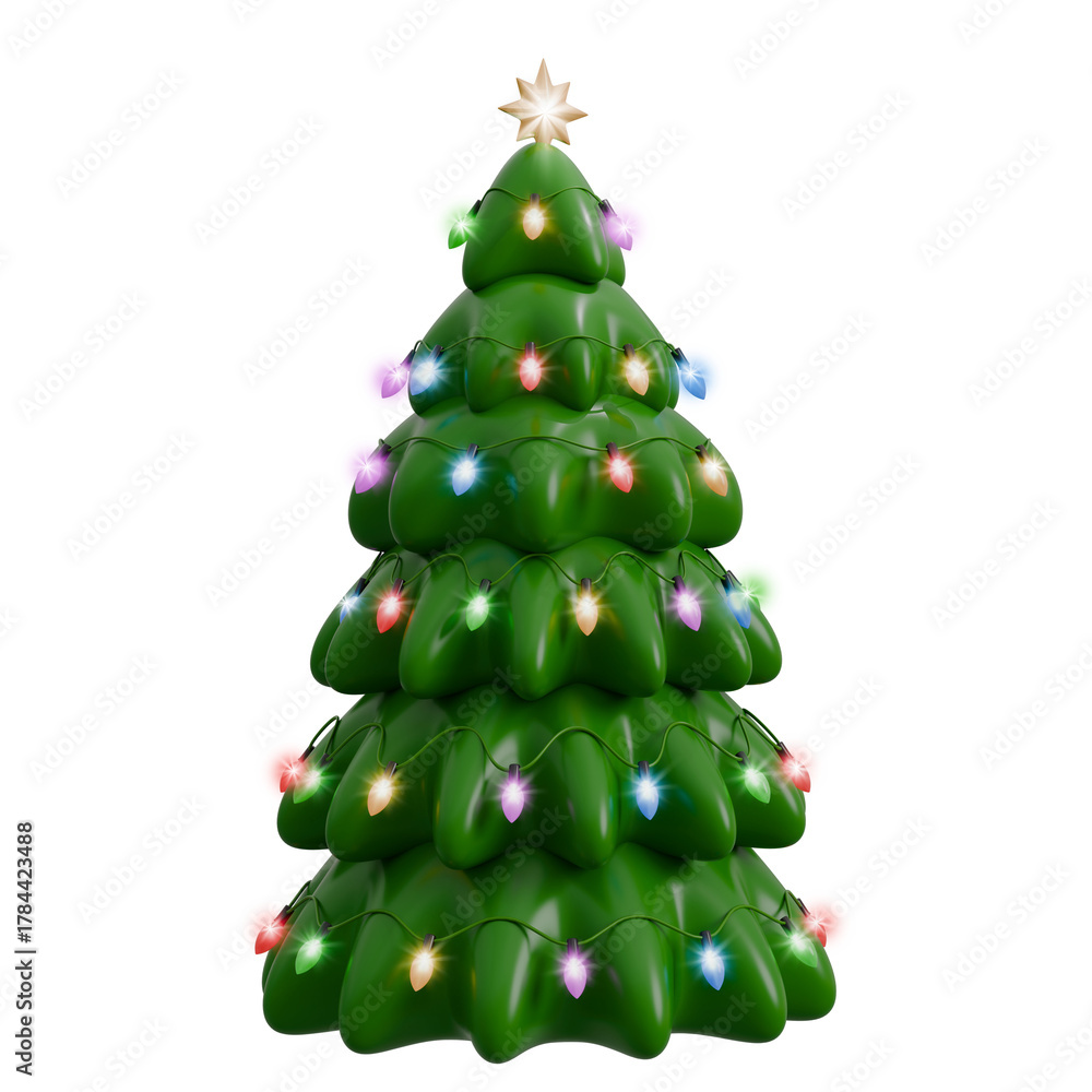Fototapeta premium Stylized cartoon green Christmas tree adorned with colorful lights. Concept of Christmas decoration and New Year. Isolated on transparent background. 3D render, minimalistic illustration