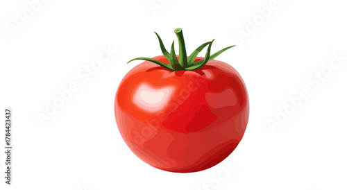 A vibrant, detailed illustration of a ripe red tomato with green stem and leaves (1)
