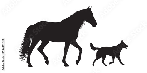Silhouette of a horse and dog isolated on white background