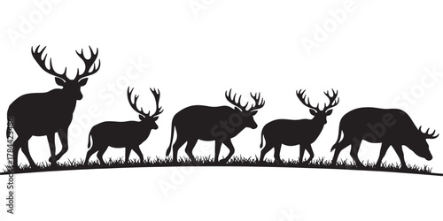Silhouette of a herd of deer isolated on white background