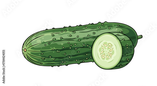A green cucumber with a cross-section on a white background, vectorized illustration