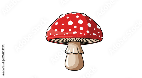 A stylized illustration of a red mushroom with white spots, set against a white backdrop