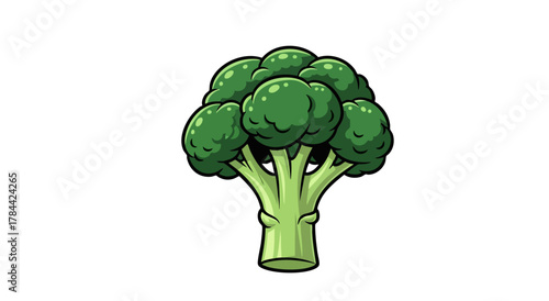 A stylized illustration of a broccoli floret, vibrant green, and white background